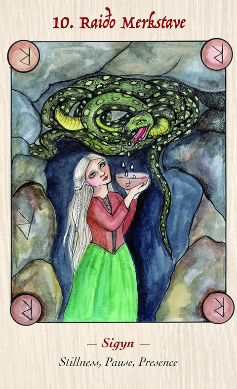 tarot korta Sigyn: akvarelinė iliustracija runų tematikos, baltaplaukė moteris laiko dubenį, virš jos žalia gyvatė drėkina jį dripsais