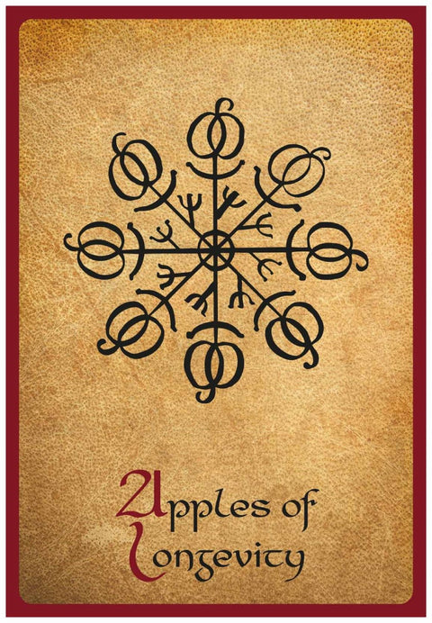 tarot korta Apples of Longevity — smėlio fono priekis su juodu runiniu žvaigždės simboliu ir bordo rėmeliu