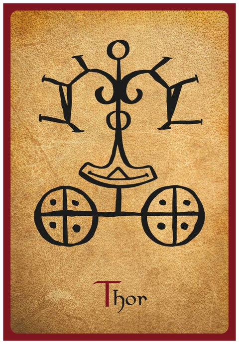 Tarot korta Thor ant sendinto pergamento su raudonu rėmu, centre juodas Thoro sigilas ir ratuoti simboliai