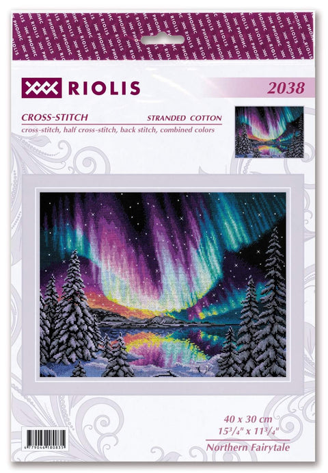 Kryželių siuvinėjimo rinkinys Riolis "Northern Fairytale" 40×30 cm, spalvinga poliarinės auros scena ant pakuotės
