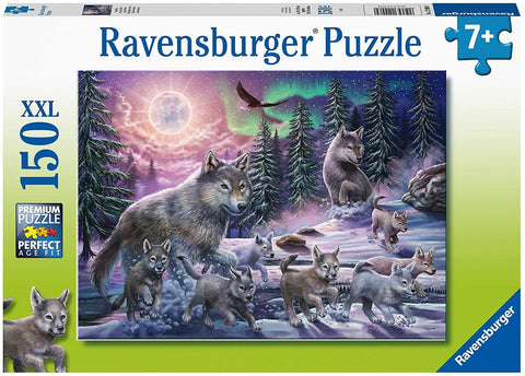Dėlionė Ravensburger 150 XXL su vilkų šeima prie mėnulio ir auroros, pilnas dėžutės dizainas