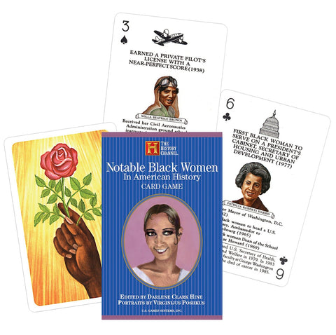 Kortų žaidimas Notable Black Women (The History Channel) komplektas su stilinga dėžute ir trimis pavyzdinėmis kortomis: viena nugarėlė, dvi su moterų portretais ir biografijomis