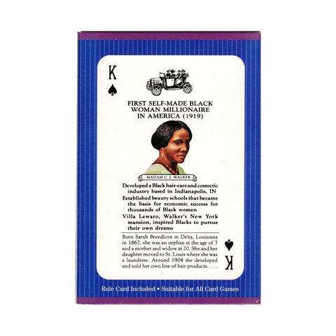 Kortų komplektas, King of Spades korta su Madam C. J. Walker portretu ir trumpa biografija mėlyname dryžuotame rėme