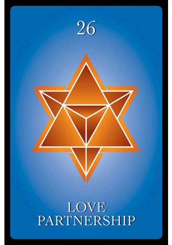Korta Love Partnership (nr. 26) su mėlynu fonu ir oranžine geometrine žvaigžde, priekiniu kortos dizainu