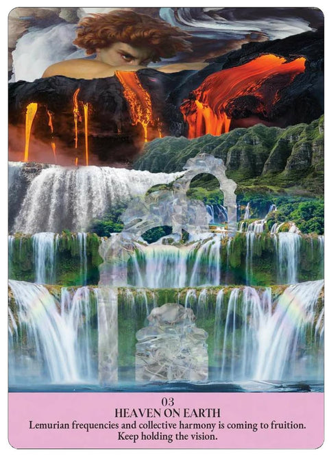 orakulo korta Heaven on Earth, koliažinė scena su daugiasluoksniais kriokliais, liepsnojančia lava ir klasikinio portreto fragmentu, numeris 03