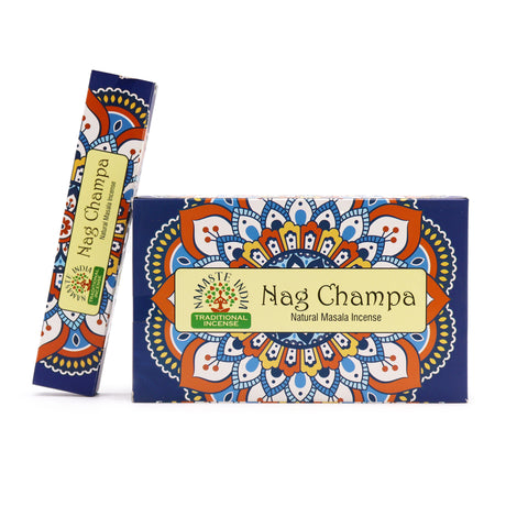 Nag Champa smilkalai, Namaste India mėlyna pakuotė su spalvota mandala, dvi dėžutės parodytos iš priekio