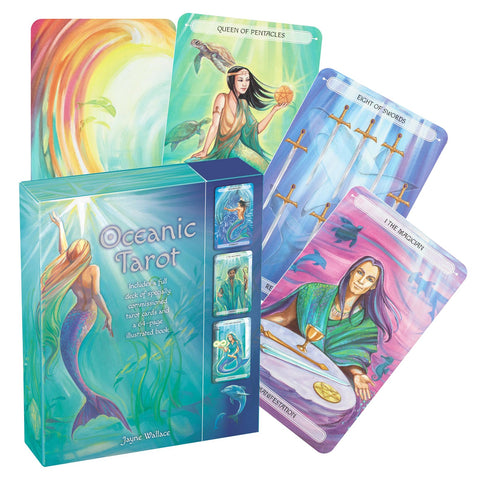 Oceanic Tarot kortų rinkinys su turkio dėklu ir atverstomis keturiomis pavyzdinėmis kortomis, komplekte 64 psl. iliustruota knyga