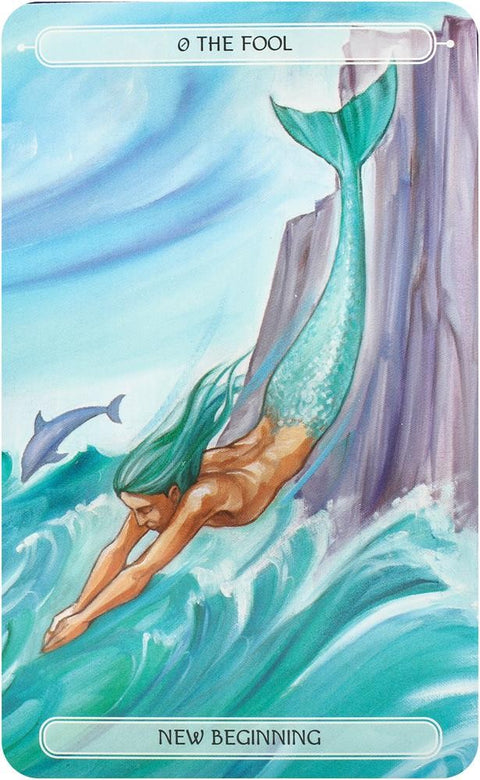 Tarot korta Kvailys: akvarelinė sirena nardanti nuo skardžio turkio ir žalsvų atspalvių, kortos aversas skirtas dizainui