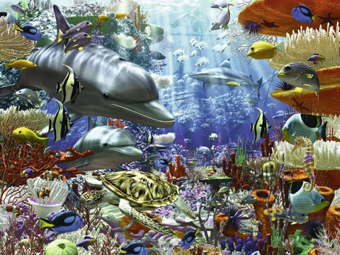 Dėlionė 1000 dalių su spalvingu povandeniniu pasauliu, delfinais ir vėžliu, didelė panorama dekoracijai