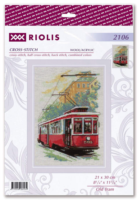Kryželių rinkinys Riolis — raudonas tramvajus, 21×30 cm, vilna/akrilas, pakuotės priekinė dalis su paruoštu rezultatu