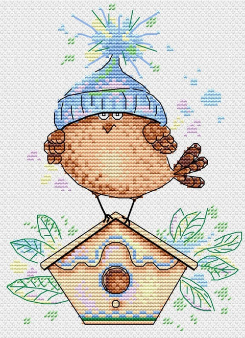 kryželių rinkinys su rudai gelsvu paukšteliu ant lesyklėlės, mėlyna bumbuline kepurė, 20×30 cm drobės dizainas
