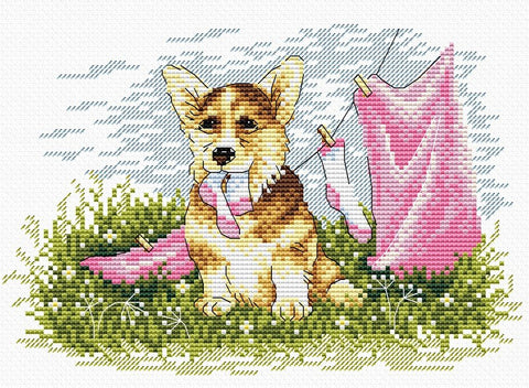 Kryželių rinkinys Corgi šuo pievoje su rožiniais skalbiniais, spalvotas detalus modelis 30×24 cm, skirtas pradedantiesiems