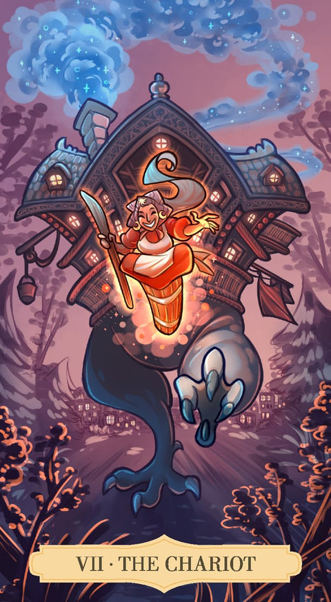 Tarot korta Vežimas, iliustruota namo-vežimo scenoje su skraidančia raudona figūra ir mėlynai violetine atmosfera