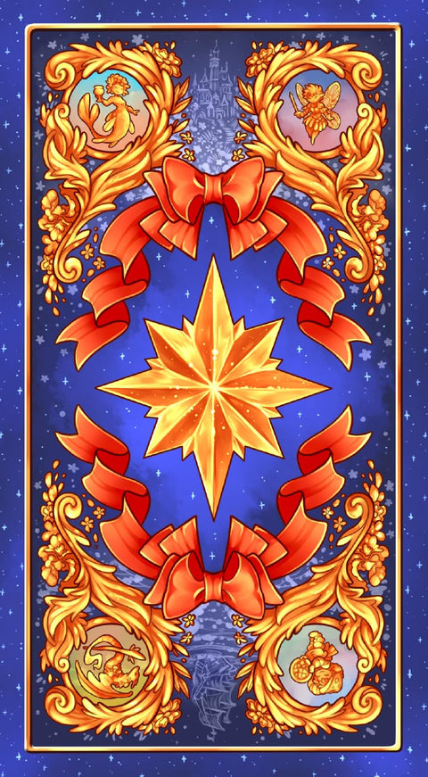 tarot korta – mėlynos nugarėlės variantas su auksine aštuonšakle žvaigžde ir ryškiomis raudonomis kaspinėmis