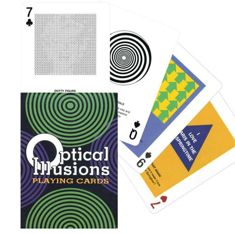 Optical Illusions kortos, žalia‑violetinė dėžutė su concentriškais apskritimais ir išskleistu kortų fanu, demonstruojančios įvairius optinius raštus