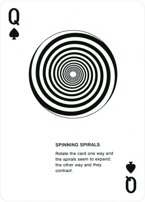 korta pikų dama juodai balta su koncentriškomis spiralėmis ir užrašu Spinning Spirals, sukant jos atrodo plečiasi arba traukiasi