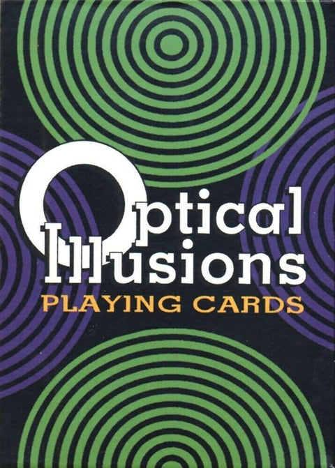Lošimo kortos Optical Illusions juodoje dėžutėje su žaliais ir violetiniais spiraliniais raštais, modernus dizainas