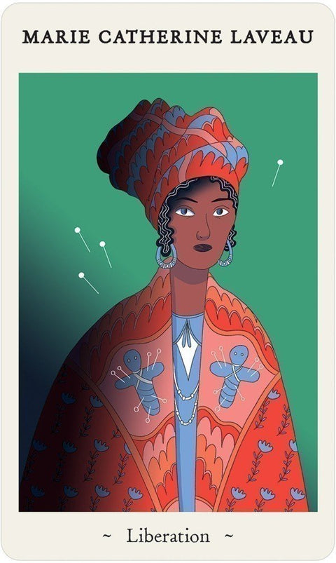Tarot korta Marie Catherine Laveau, ryškūs raudoni ir žali tonai, portretinė priekinė pusė su Liberation užrašu