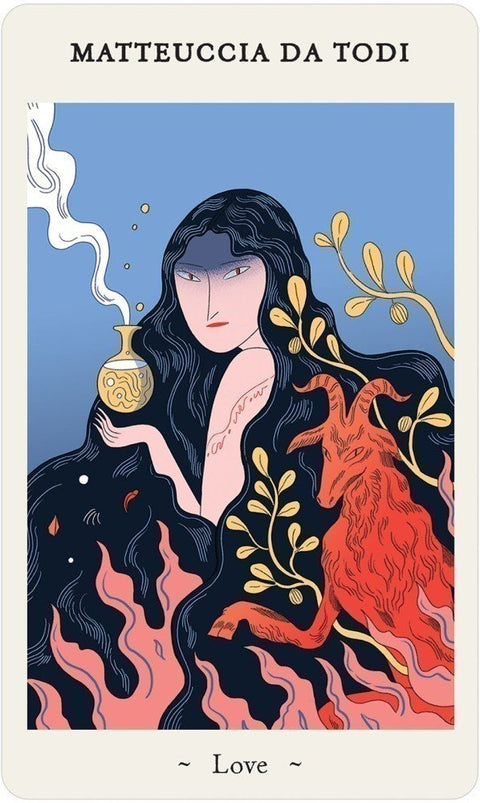 tarot korta Love, Matteuccia Da Todi priekis — tamsiai mėlynas fonas, moteris su juodais plaukais ir raudonu ožiu, geltonos šakos