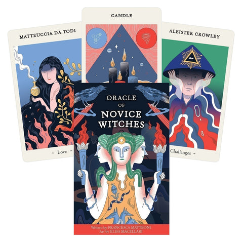Orakulų kortos „Oracle of Novice Witches“ su iliustruotu dėklu ir trimis pavyzdinėmis spalvotomis kortomis, matomomis iš priekio, atveriančiomis temas ir simboliką