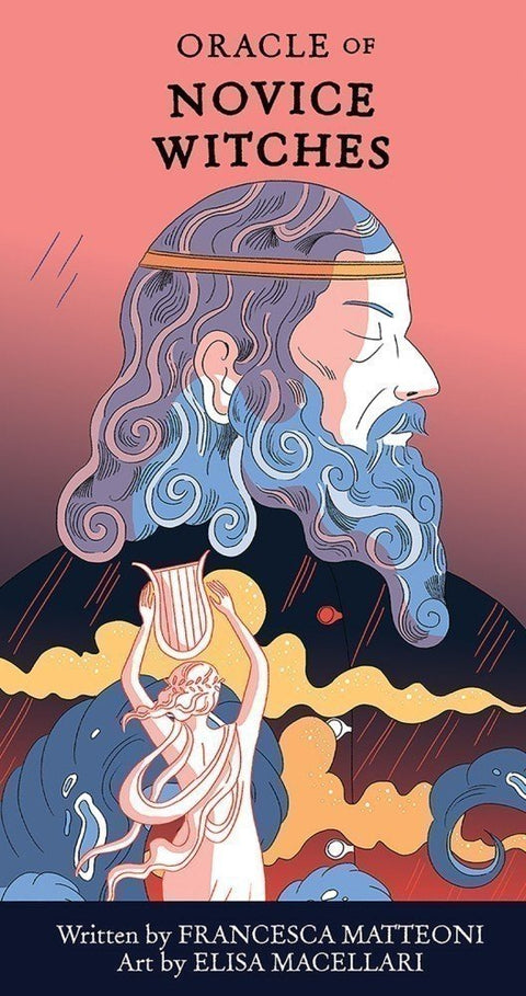 knyga Oracle of Novice Witches – ryškus rožinis ir mėlynas viršelis su barzdotu vyro profiliu ir moterimi, laikančia lirą