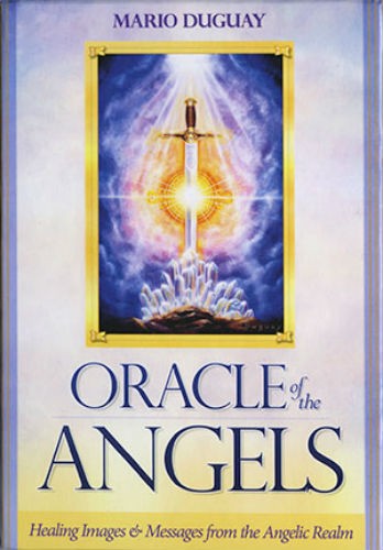 knyga „Oracle of the Angels“ – Mario Duguay priekinis viršelis su auksiniu kardų motyvu, šviesos spindulys ir mėlyna rėma
