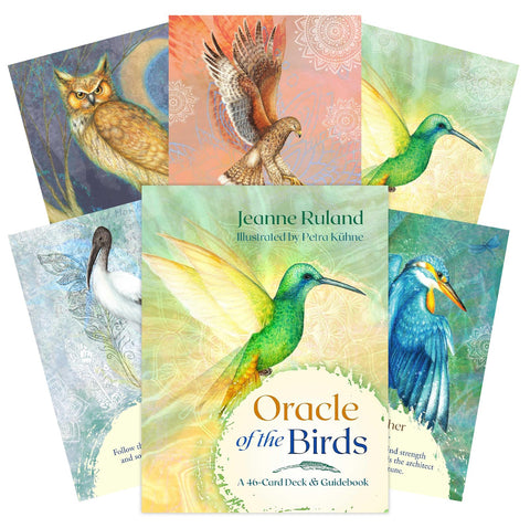 Oracle of the Birds kortų rinkinys (46 kortos ir vadovas), žalias kolibris centre, spalvingos paukščių iliustracijos ir mandalų dekoras