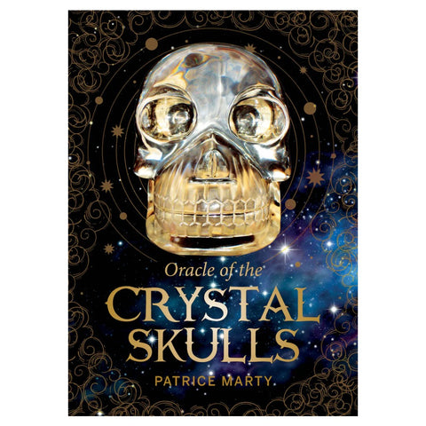 Oracle kortos "Crystal Skulls" — viršelis su auksine kristaline kaukole ant žvaigždėto, ornamentuoto kosminio fono