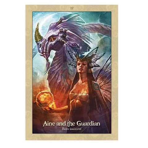 tarot korta Aine and the Guardian — violetinis sargas-drakonas ir moteris laikanti oranžinį rutulį, kortos priekinė pusė, numeris 12