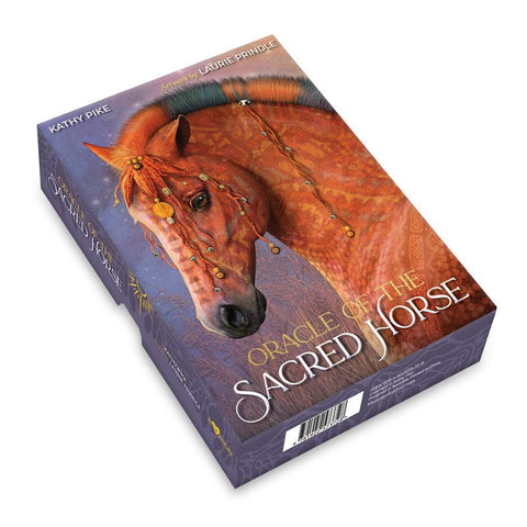 Orakulo kortų rinkinys Sacred Horse, autorės Kathy Pike viršelis su raudonai ruda žirgo iliustracija, dėžutė parodyta iš kampo