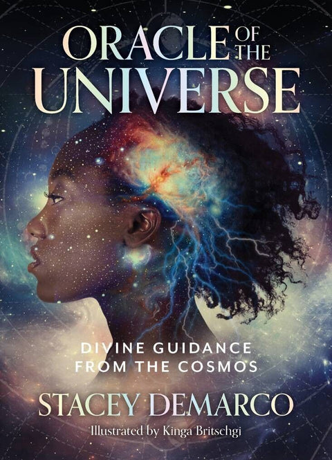 Orakulas Oracle of the Universe kortų rinkinys autorės Stacey DeMarco viršelis su kosmine moters profilio iliustracija ir žaižaruojančiomis spalvomis