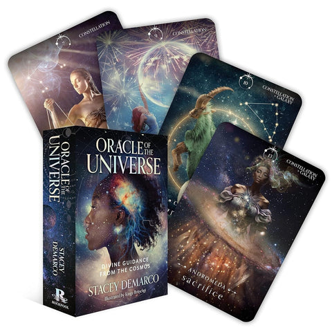 Orakulo kortos Oracle of the Universe Stacey Demarco — prekės dėžutė su keliomis išskleistomis kosminėmis iliustruotomis kortomis
