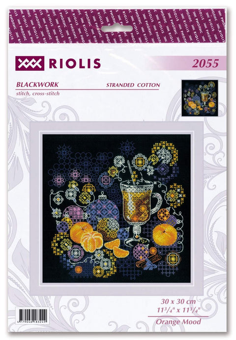 Siuvinėjimo rinkinys Riolis Orange Mood, 30×30 cm, juodas fonas su oranžinėmis mandarinais ir taurės motyvu