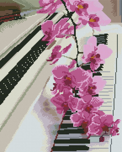 Deimantinė mozaika rožinėmis orchidėjomis ant fortepijono klavišų, artimas detalus kampas galerijos variantui