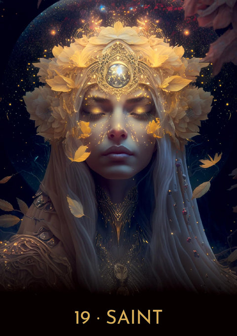 tarot korta Saint — elegantiškas aukso vainikuotas dizainas su užmerktų akių dieviška figūra ir subtiliais auksiniais lapeliais