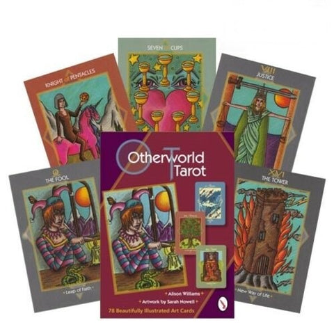 Tarot kortos Otherworld komplektas — dėžutė ir keli skirtingi ryškūs iliustruoti kortų pavyzdžiai parduotuvės galerijoje