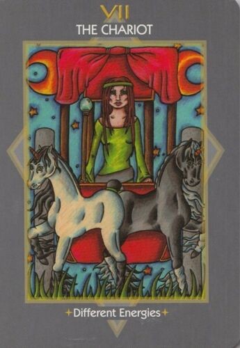 tarot korta The Chariot, kortos priekinė pusė su spalvotu raitelio piešiniu, baltu ir juodu žirgu bei užrašu Different Energies