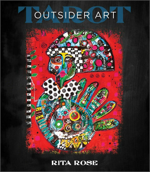 Tarot kortos Outsider Art, Rita Rose viršelis su neoninėmis spalvomis — raudonas fonas, įvairiaspalvė ranka ir stilizuota veido kompozicija