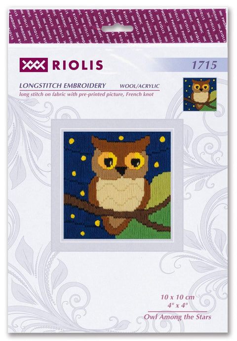Siuvinėjimo rinkinys Riolis, 10×10 cm ilgos siūlės vilna/akrilas — naktinė pelėda ant šakos, paruoštas siuvinėti
