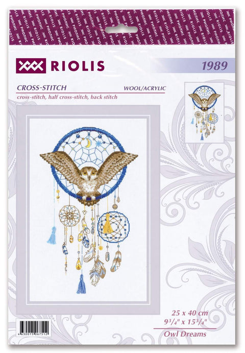 Kryželių rinkinys Riolis Owl Dreams – 25 × 40 cm pakuotė su mėlynos ir rudos spalvos pelėdos sapnų gaudytojo raštu