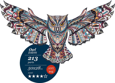 Dėlionė Owl Totem 213 dalių, spalvota pelėdos figūra su išskleistais sparnais, 50×28 cm, skirta sienų dekoravimui