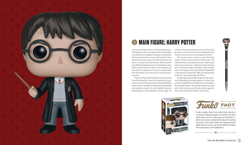 Funko Pop Harry Potter figūrėlė – didelis priekinis vaizdas su raudonu fone, matoma ir originali dėžutė bei aprašomas puslapis skleisdama kolekcionavimo informaciją