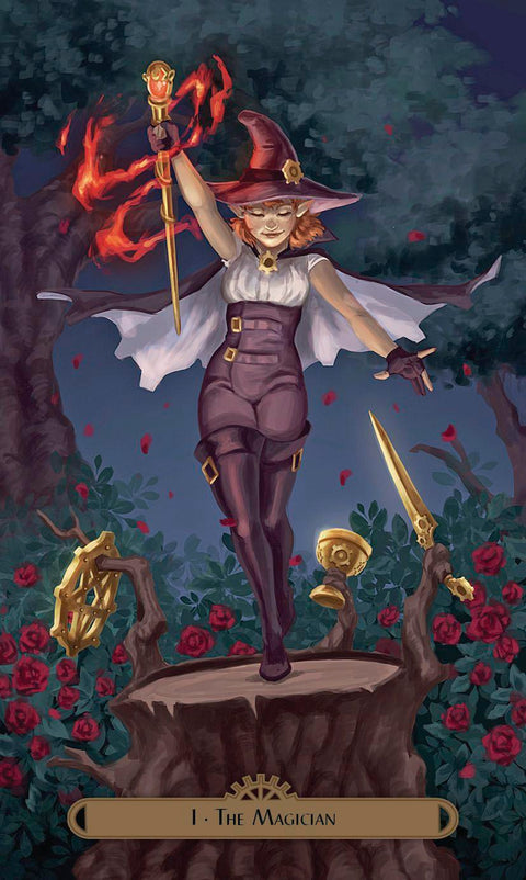 Tarot korta The Magician — vertikali iliustracija: magė ant kelmo su raudona kepure, aukso lazda ir mechaniniais simboliais, rožių fone