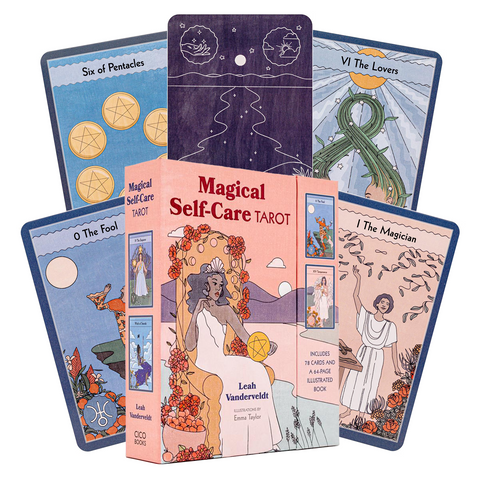tarot kortos Magical Self-Care rožinėje dėžutėje (Leah Vanderveldt) su keliomis fanuotomis iliustruotomis kortomis