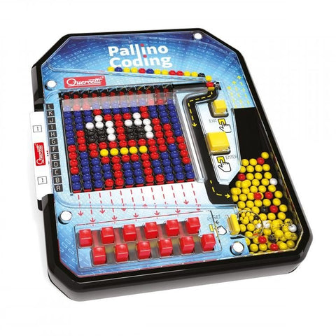 Pallino Coding žaidimas su daugiaspalvėmis granulėmis ir raudonais mygtukais, iš viršaus parodytas su sudėliotu roboto piešiniu