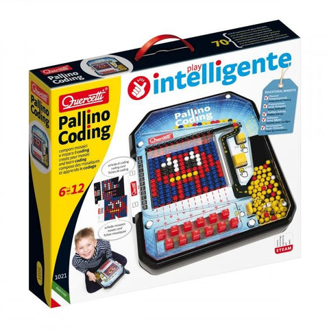 Pallino Coding kodavimo žaidimas Quercetti dėžutėje su spalvotomis karoliukų mozaikomis, valdymo mygtukais ir 70 užduočių kortelių