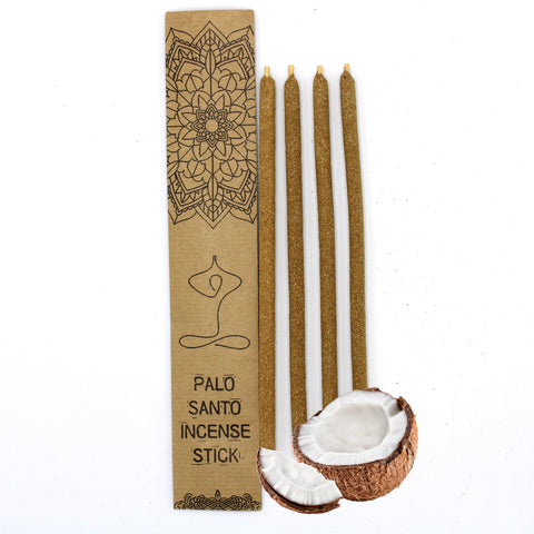 Palo Santo smilkalai, 4 ilgos auksinės lazdelės pakuotėje su kraft dėkle ir subtiliu kokosų aromatu