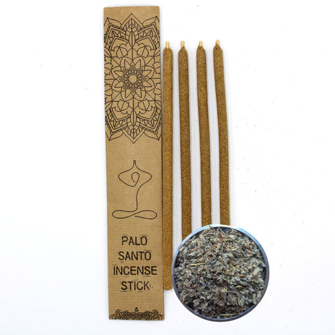 Palo santo smilkalai, 4 rudos rankų darbo lazdelės su kraft dėžute ir papildomu žolelių dubenėliu pakuotėje