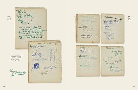svečio knyga su 1901–1905 metų parašais ir piešiniais ant kreminio popieriaus, atversta kelioms puslapio poroms