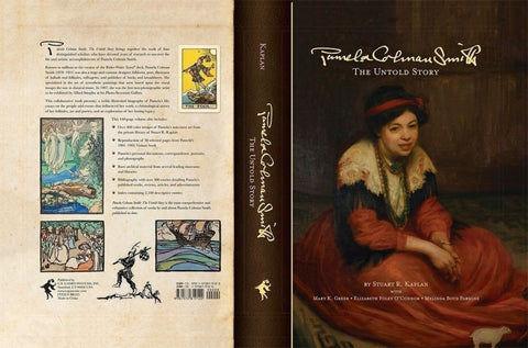 knyga Pamela Colman Smith: The Untold Story, kietas viršelis rudos tonacijos su portreto tapyba priekyje ir išskleista nugarėlė su iliustracijomis bei leidyklos žyma